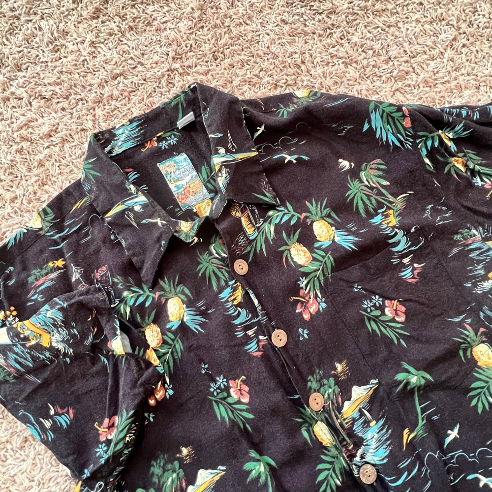 Pineapple Moon Men's XL Aloha‎ Hawaiian Shirt Tropical Print Black